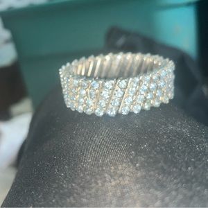 1950s hinged stretch clear prong set rhinestone bracelet rhodium plated